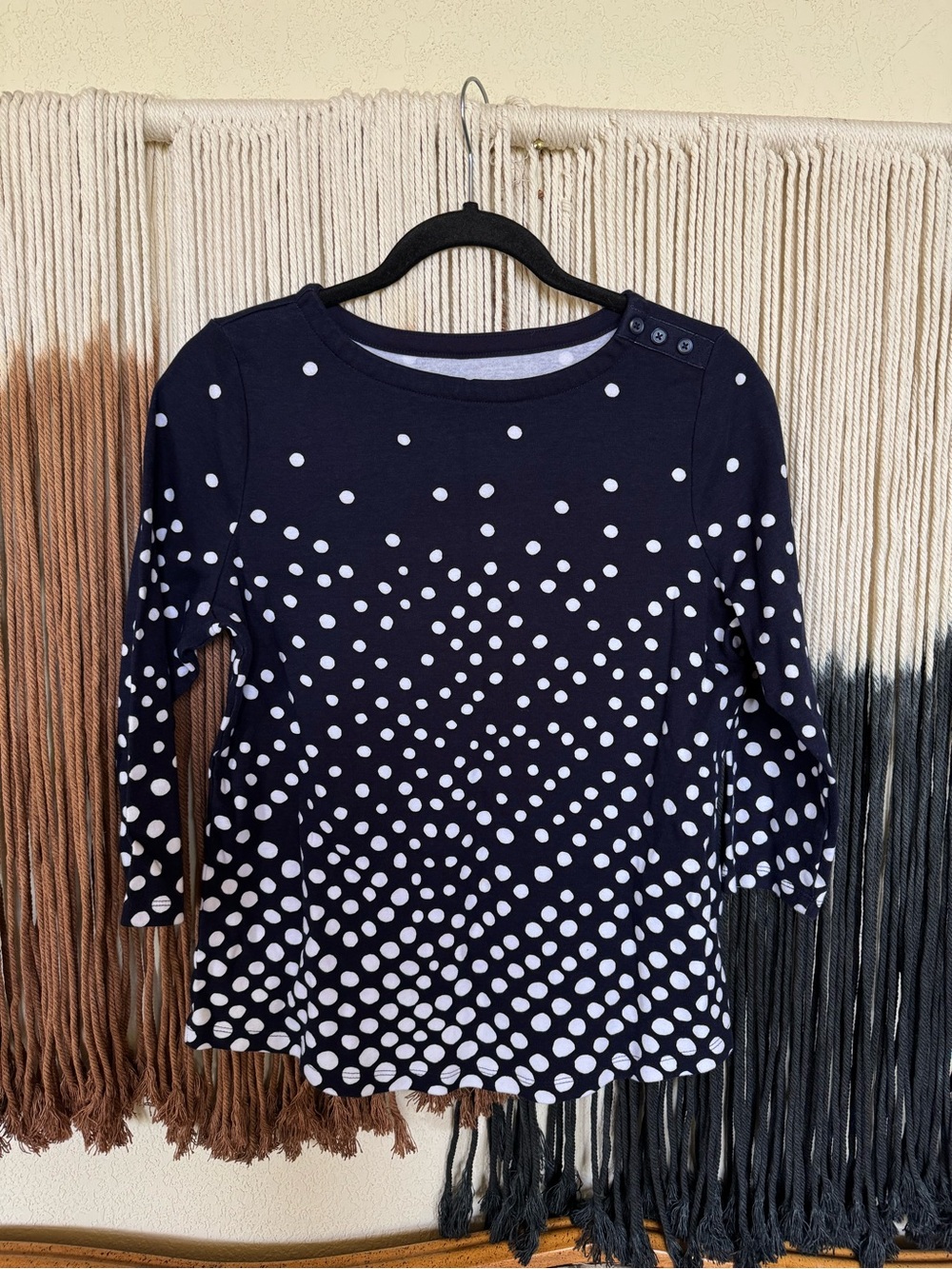 Navy blue and white Charter Club polka dot 3/4 sleeve top; excellent condition